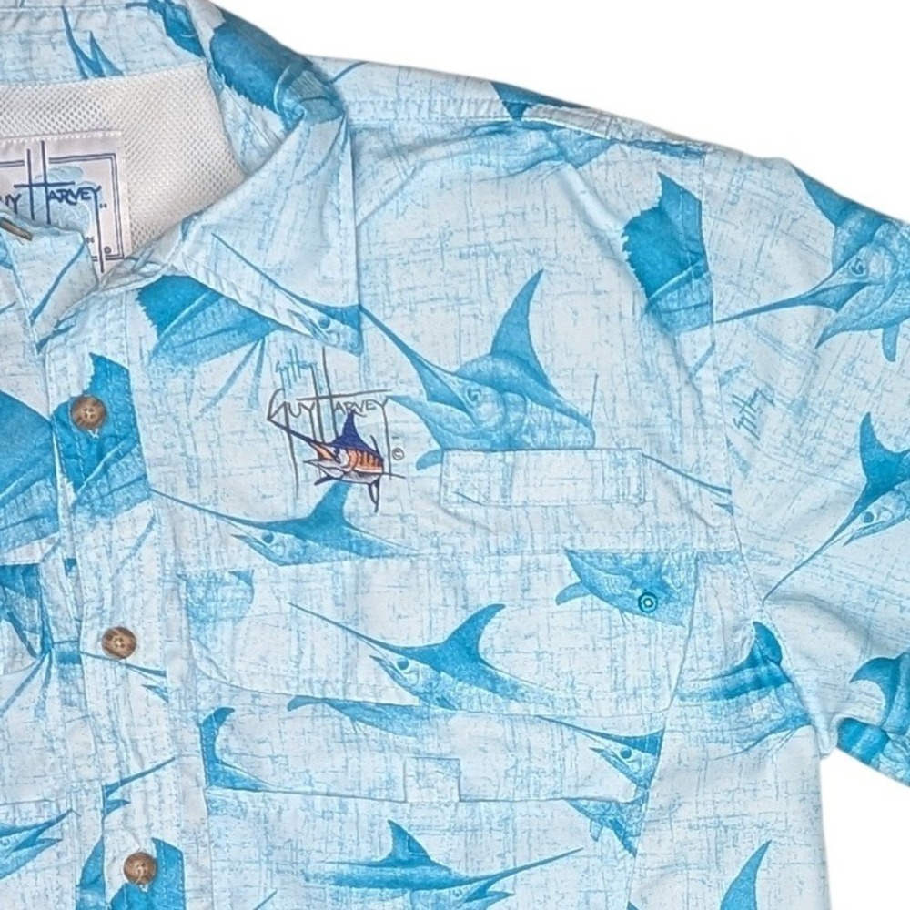 Guy Harvey Mens Fishing‎ Shirt S Blue Marlin Sailfish Print Vented Short Sleeve
